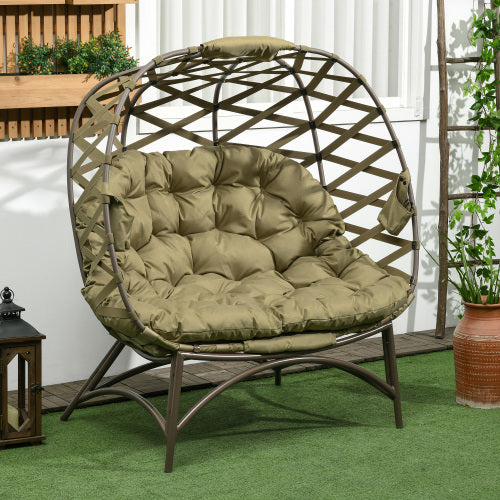 Outsunny 2 Seater Egg Chair Outdoor, Folding Weave Garden Furniture Chair With Cushion, Cup Pockets - Khaki Outdoor Garden Patio Furniture