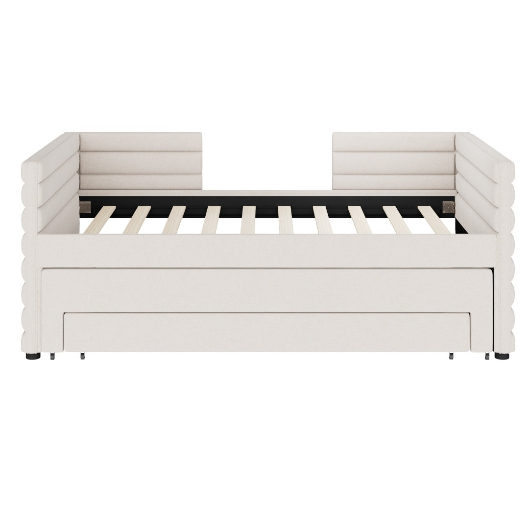 Twin Size Upholstered Daybed With Trundle And 3 Storage Drawers, Chenille Fabric Sofa Bed For Guest Room, Living Room, Space-Saving Modern Day Bed Frame, No Box Spring Needed Furniture