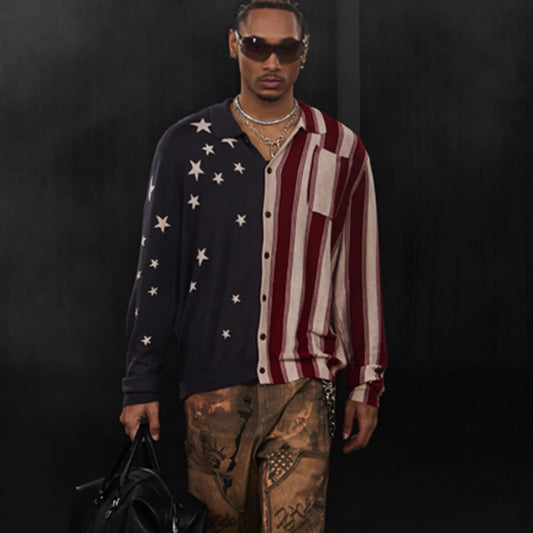 American Retro Flag XINGX Printed Striped Sweater Short Wide Long-sleeved Shirt Apparel / Clothing
