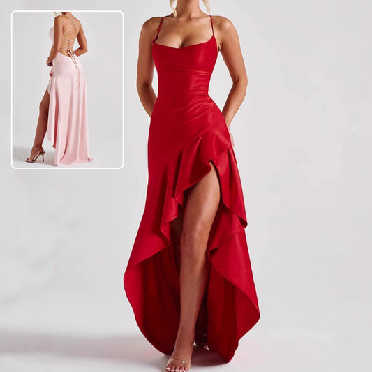 Women's Backless Ruffles Irregular Dress Summer Fashion Evening Party Club Split Suspender Maxi Dresses Clothing Women's Garments Apparel / Clothing