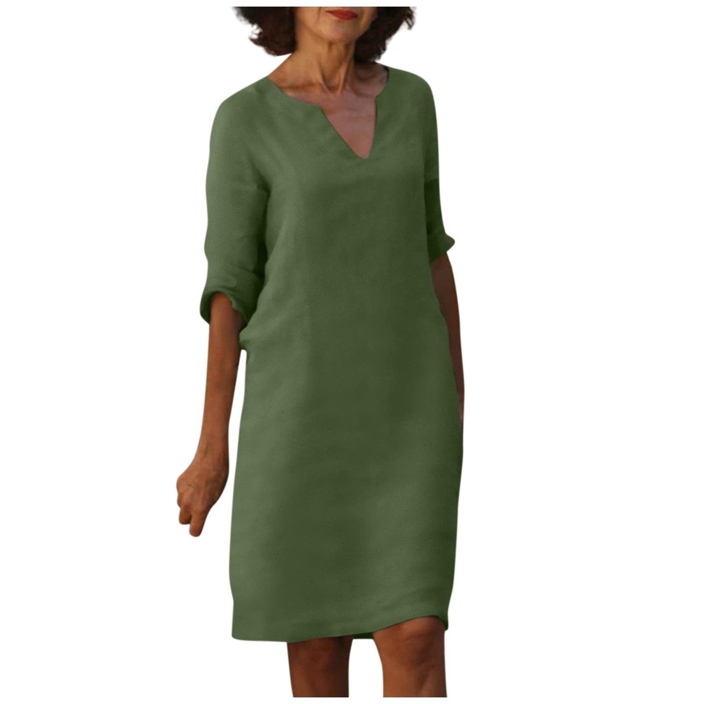 Cotton And Linen V-neck Dress Summer Stitching Retro High Waist Pure Color Dresses Women's Garments Apparel / Clothing