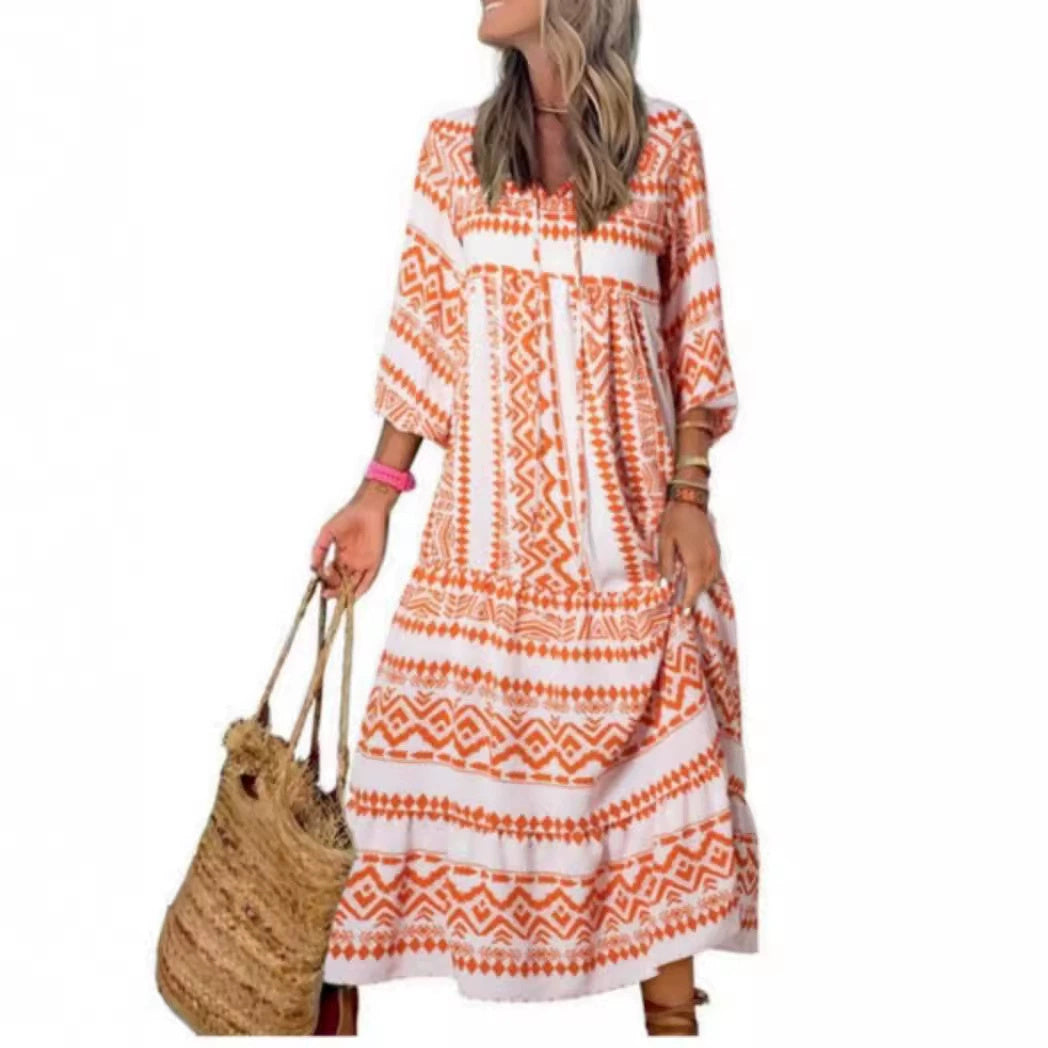 Summer Women's Vintage Printed Bohemian Dress Elegant Ladies Casual Loose V-Neck Short Sleeve Long Dresses Women's Garments Apparel / Clothing