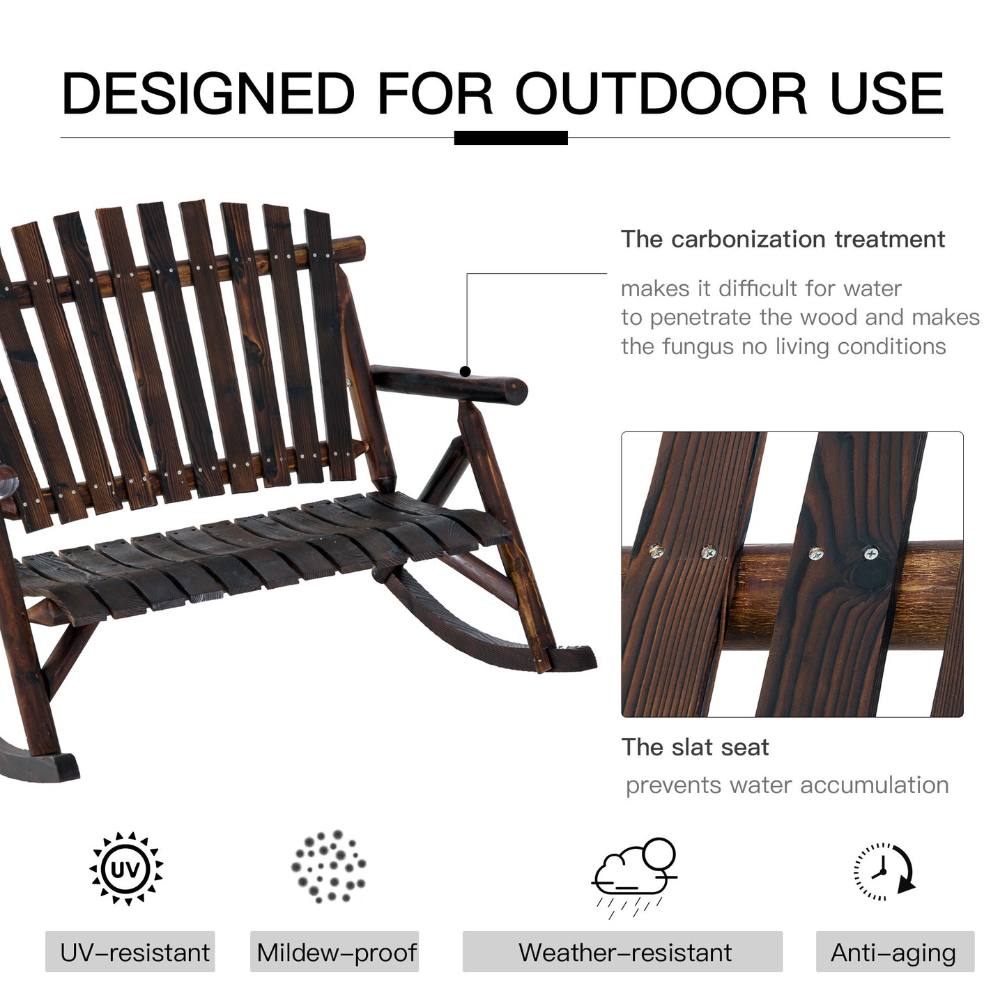 Classic Wooden High-Back Rocker, Carbonized For Garden Serenity & Relaxation, Durable Outdoor Garden Patio  Furniture