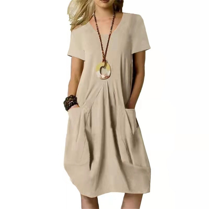 Cotton And Linen Solid Color Loose Round Neck Short Sleeve Dress Women's Garments Apparel / Clothing