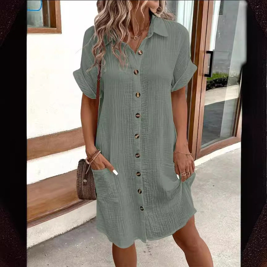 Summer Short Sleeve Shirt Dress Fashion Solid Color Single-breasted Mid-length Loose Dress Women's Garments Apparel / Clothing