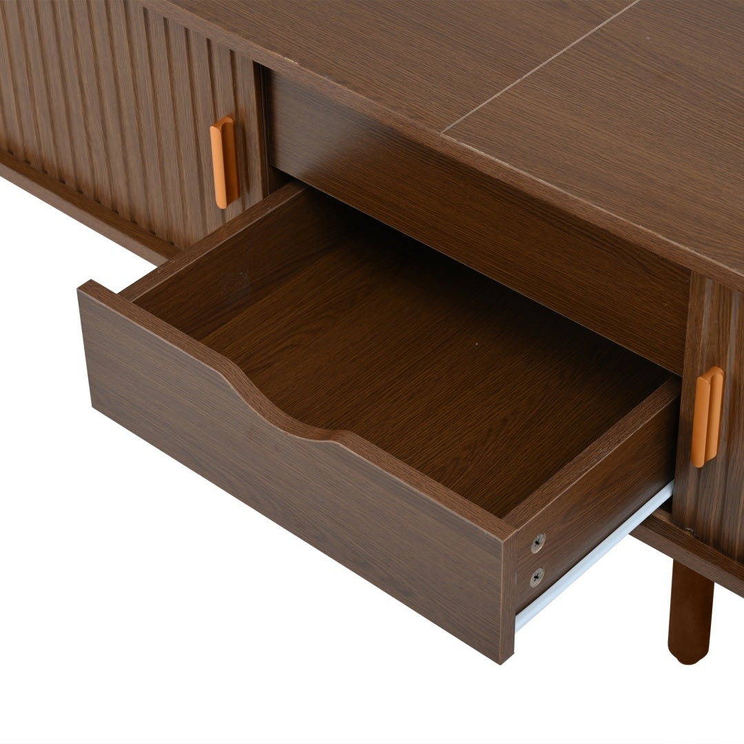 TV Stand With 2 Drawer 2 Sliding Doors 2  Tier Storage Shelf,Oval TV Cabinet Storage Sideboard With Rounded Corners For Livingroom Bedroom,175X40X42cm,Dark Oak,MDF,weight Capacity 30kg,for 70inch TV Furniture