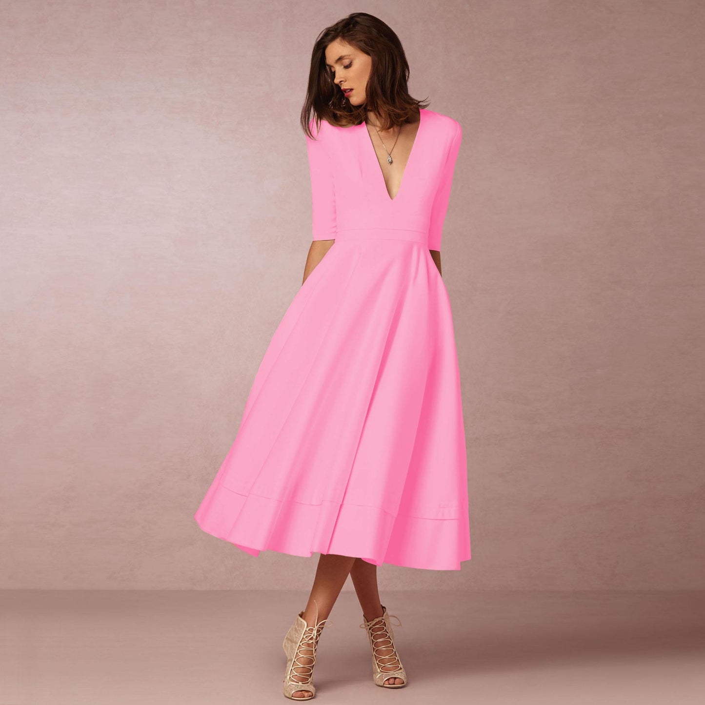 V-neck Dresses - Retro 60s Swing Sleeve Women's Garments Apparel / Clothing