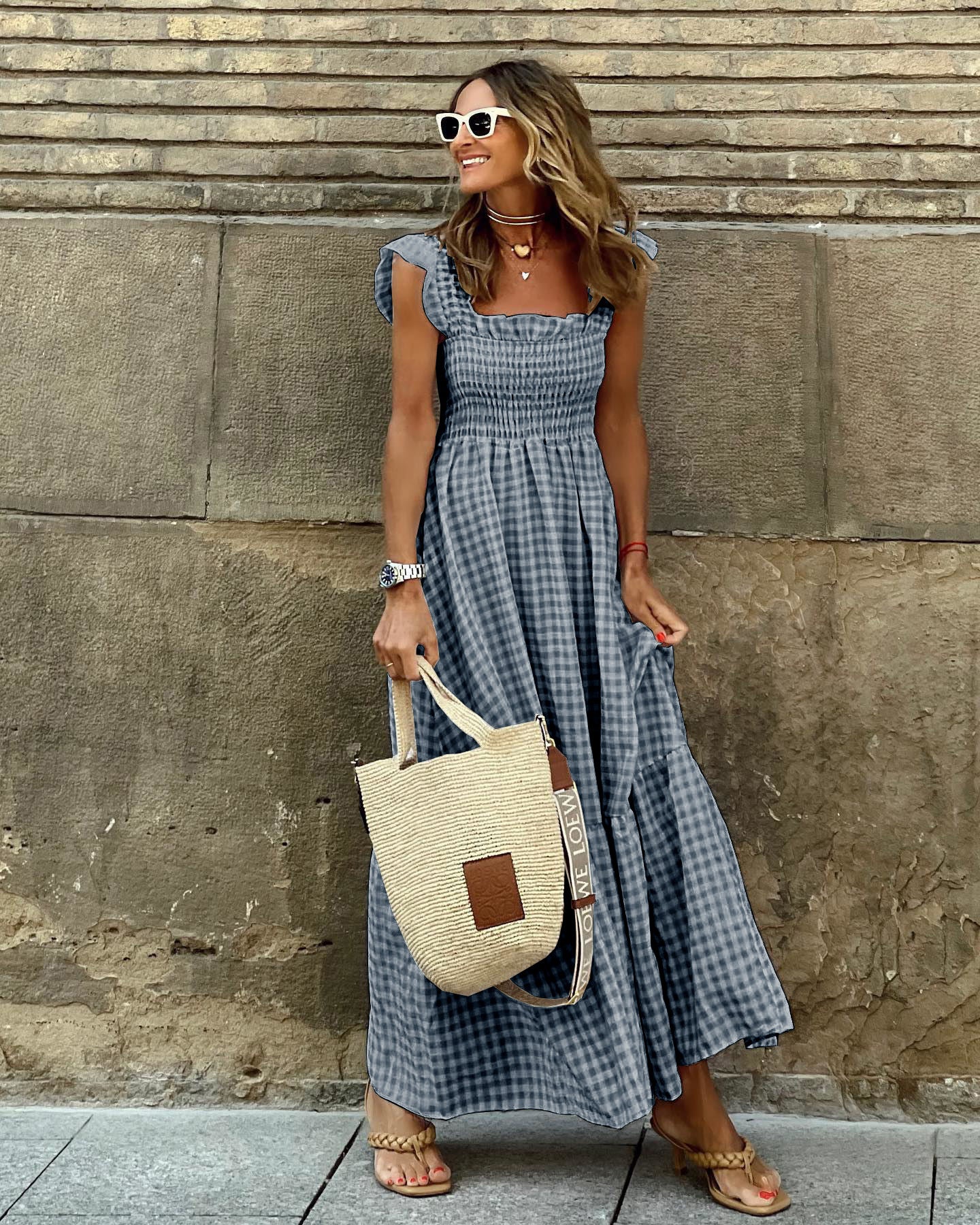 Summer Plaid Print Pleated Ruffle Dress INS Fashion Sleeveless A-line Swing Beach Dress Women's Garments Apparel / Clothing