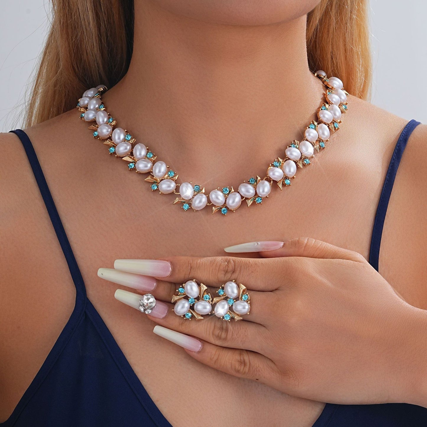 Turquoise Pearl Necklace And Earrings Suite Jewelry & Accessories