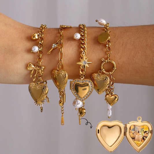 Bracelet chaîne d'amour tendance en acier titane avec perles et nœud