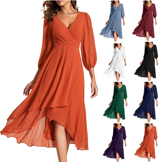 Women's V-neck Long-sleeved Dress Loose Party Evening Dress Women's Garments Apparel / Clothing