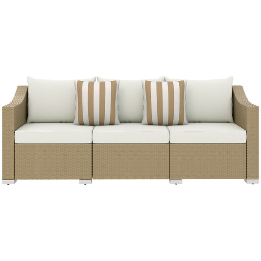 Rattan Wicker 3 Seater Patio Couch With Cushions, 2 Throw Pillows, Rattan Sofa, Cream White Outdoor Garden Patio Furniture