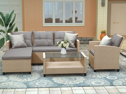 U STYLE Patio Furniture Sets  4PC Wicker Rattan Sofa Conversation Set Outdoor Garden Patio Furniture