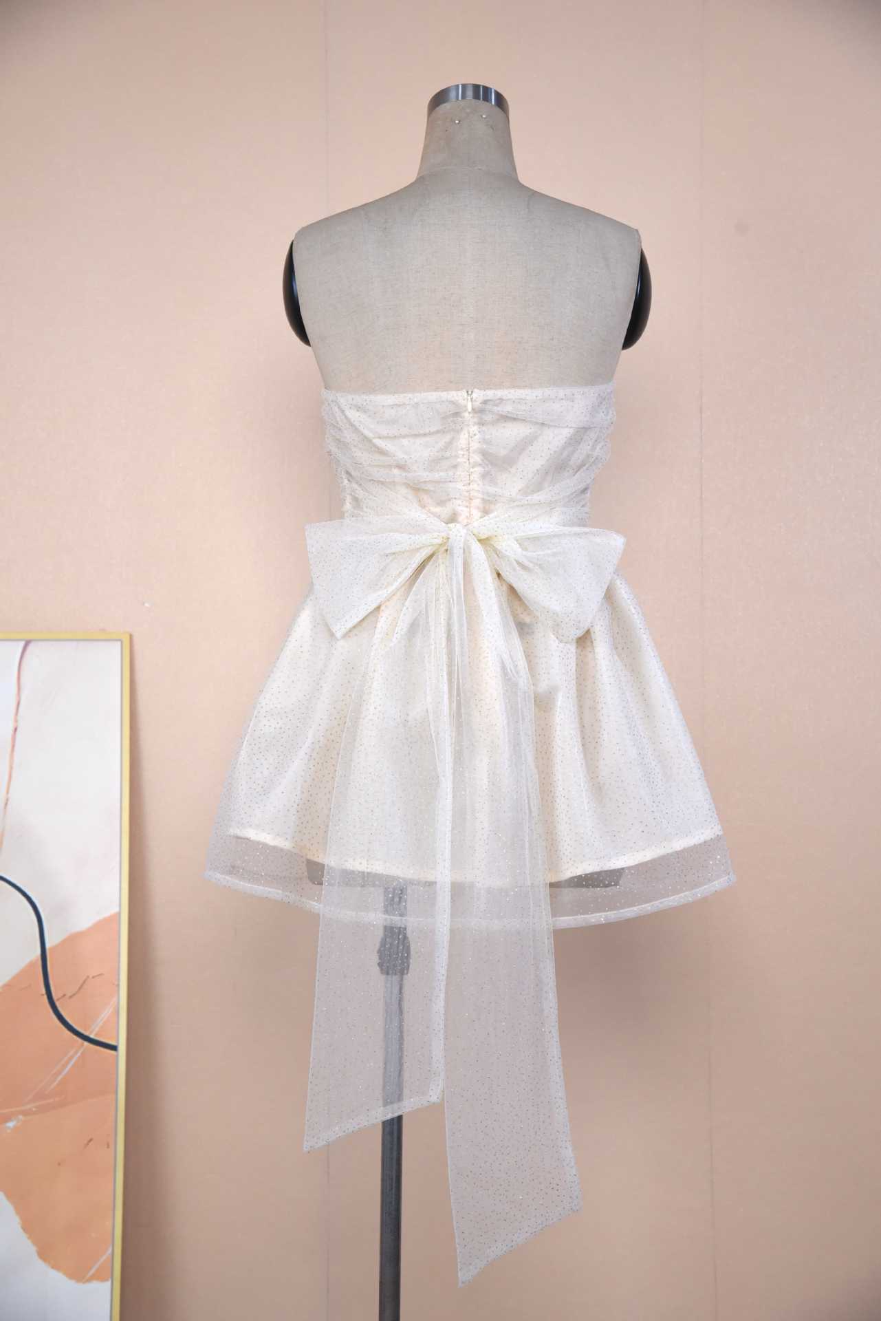 Tube Top Lace Dress With Back Bow-knot Summer Fashion Temperament Mesh Stitching Off-neck Short Skirt Women's Garments Apparel / Clothing