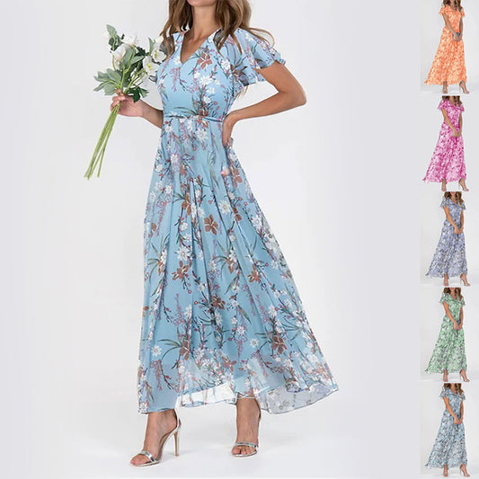 Flowers Print Short Sleeve Dress Summer Fashion Ruffle Beach Dresses Women's Garments Apparel / Clothing
