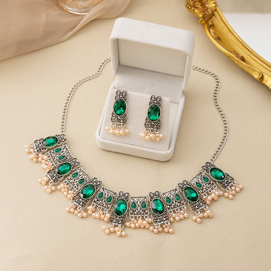 Vintage Emerald Earrings Ethnic Style Square Tassel Bead Pendant Jewelry Suit Jewelry/Accessories