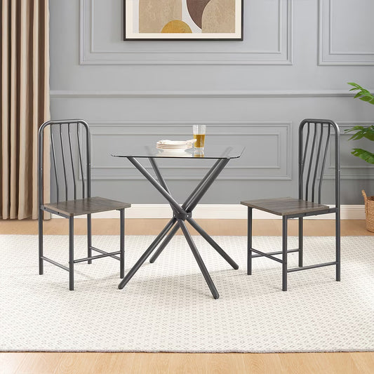 Dining Set For 2, Square Glass Tempered Dining Table With 4 Legs And 2 Metal Chair For Home Office Kitchen Dining Room, Black & Brown Dining Room Furniture