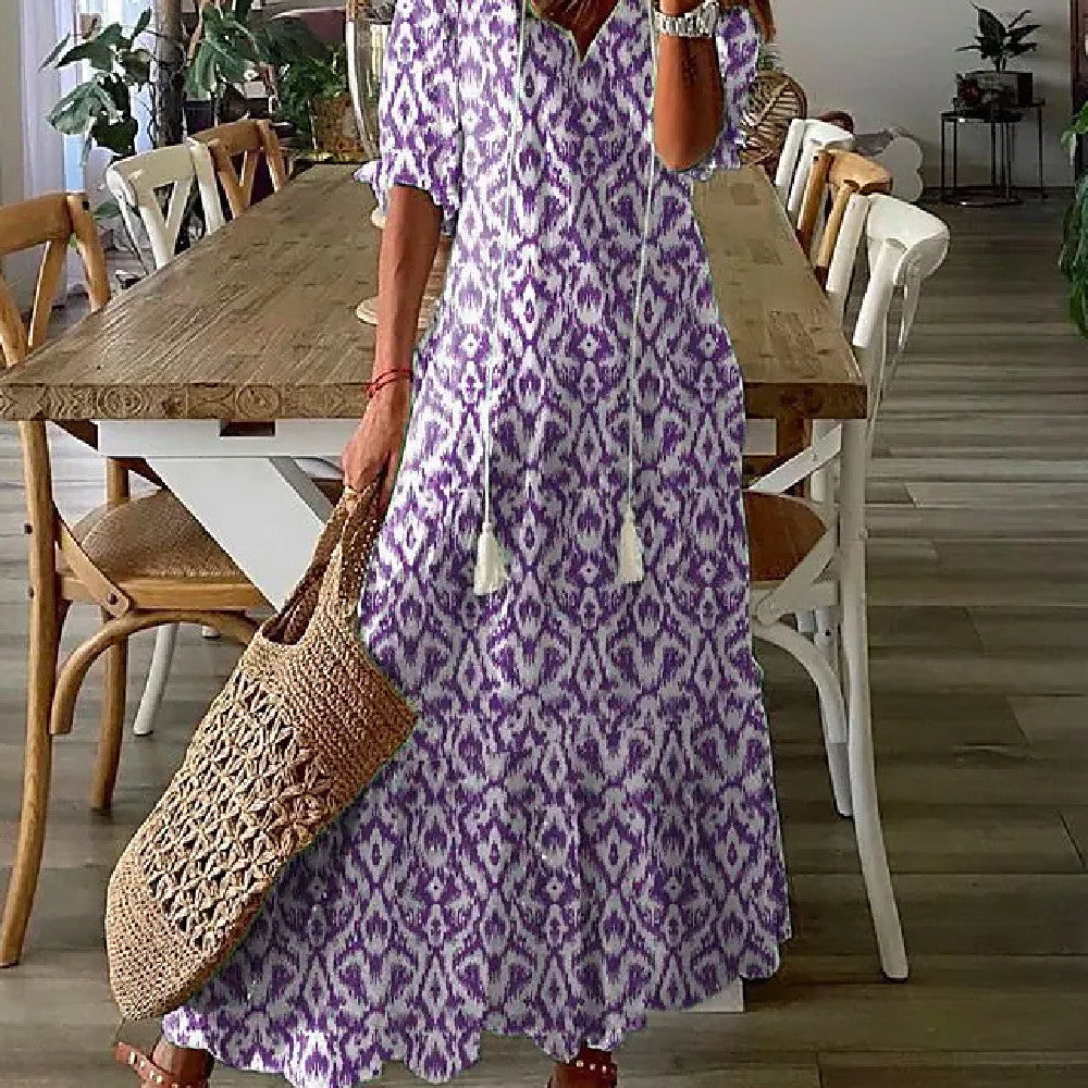 Women's Printed Medium Sleeve Long Dress Women's Garments Apparel / Clothing