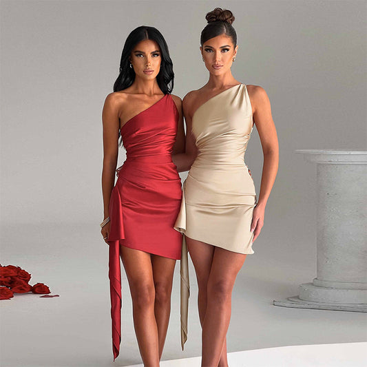 One-shoulder Sleeveless Mini Dress Sexy Slim Backless Skirt Party Wedding Dresses Women's Garments Apparel / Clothing