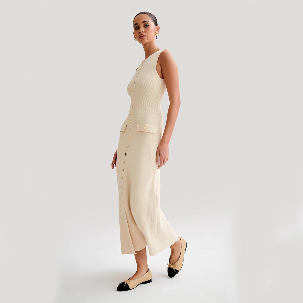 Elegant Knitted Sleeveless Dress With Single Breast Fashion Slim Round Neck Long Dresses Women's Garments Apparel / Clothing