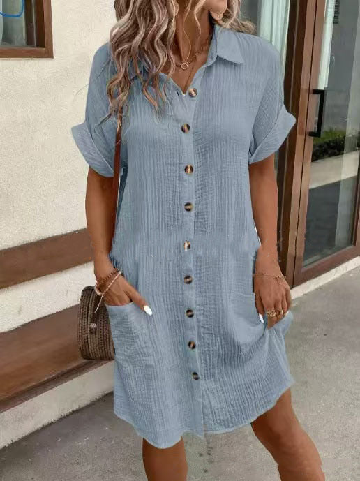 Summer Short Sleeve Shirt Dress Fashion Solid Color Single-breasted Mid-length Loose Dress Women's Garments Apparel / Clothing
