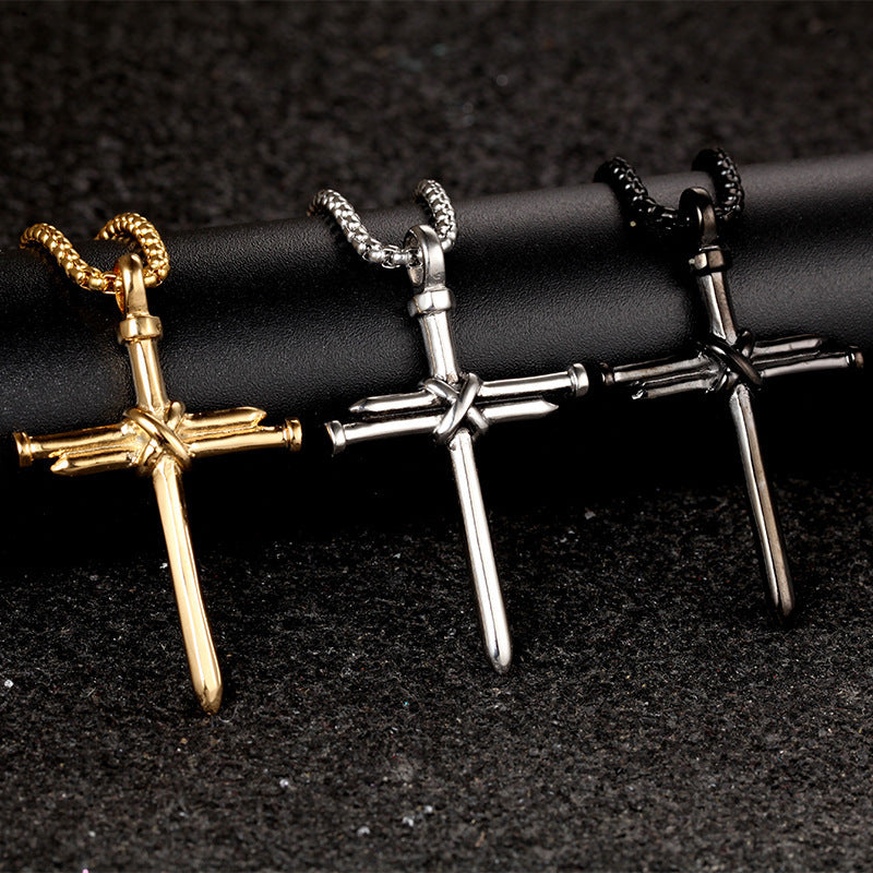 Steel Gold Black Color Fashion Mens Iron Nail Cross Pendant Necklace Stainless Steel 3mm Round Box Chain Jewelry Gift For Men Jewelry / Accessories