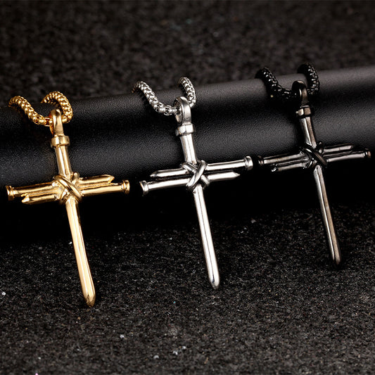Steel Gold Black Color Fashion Mens Iron Nail Cross Pendant Necklace Stainless Steel 3mm Round Box Chain Jewelry Gift For Men Jewelry / Accessories