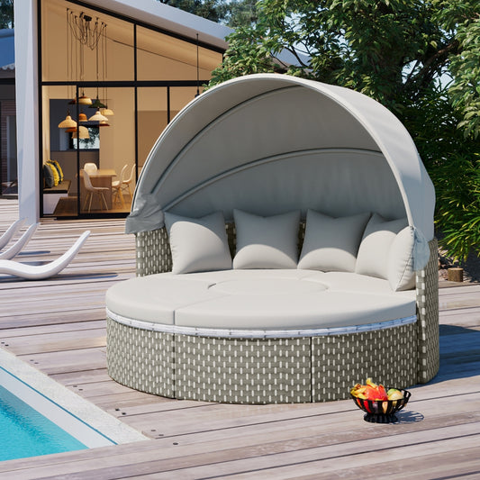 TOPMAX Patio Furniture Round Outdoor Sectional Sofa Set Rattan Daybed Two-Tone Weave Sunbed With Ret Outdoor Garden Patio Furniture