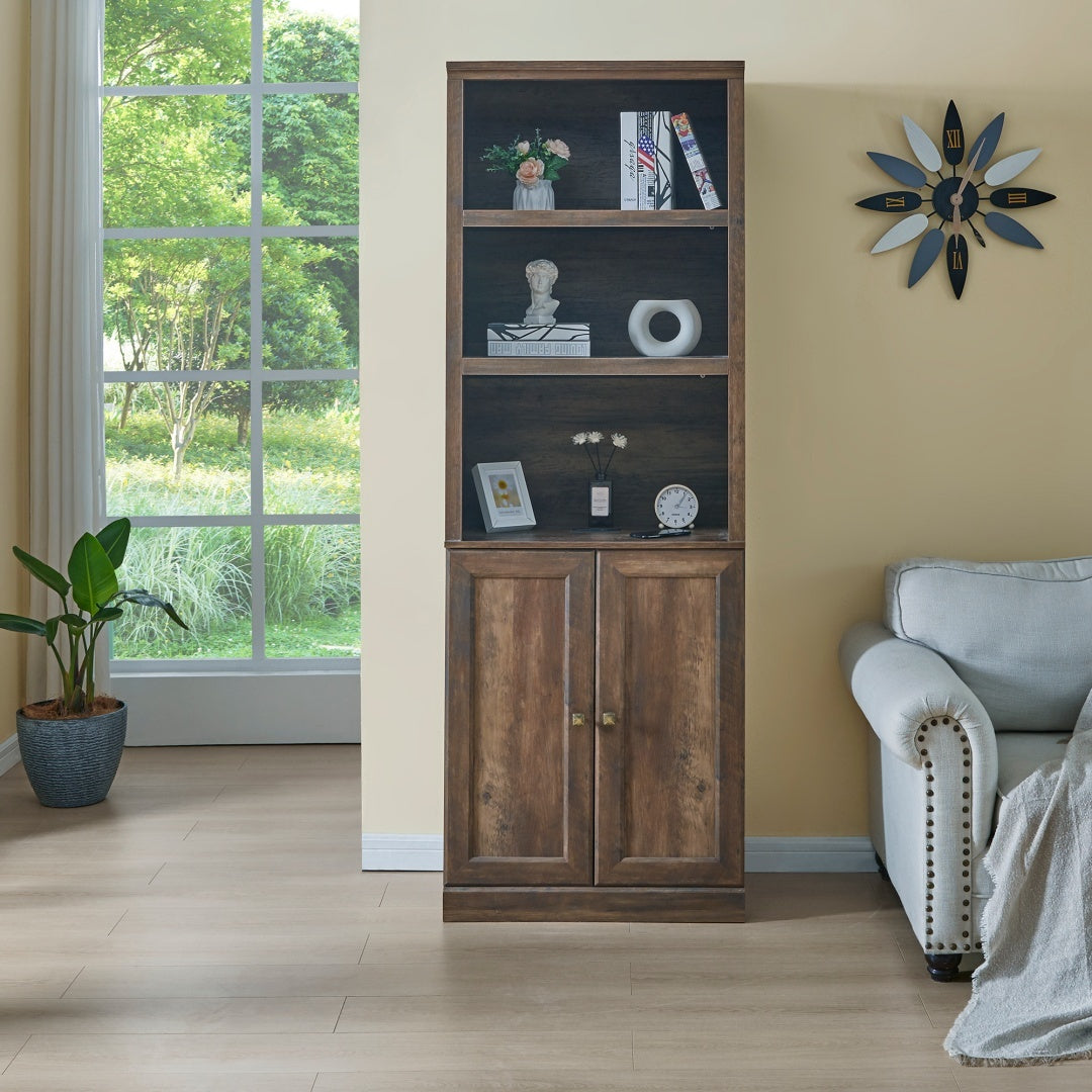 1 Doors Bookshelf With USB Port And 3 Open Shelves Bookcase Side Cabinet Storage Shelves, Rustic Brown Furniture