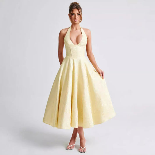 V-neck Halter Sleeveless Jacquard Lace-up Waist Vacation Style Long Senior Dress Women's Garments Apparel / Clothing