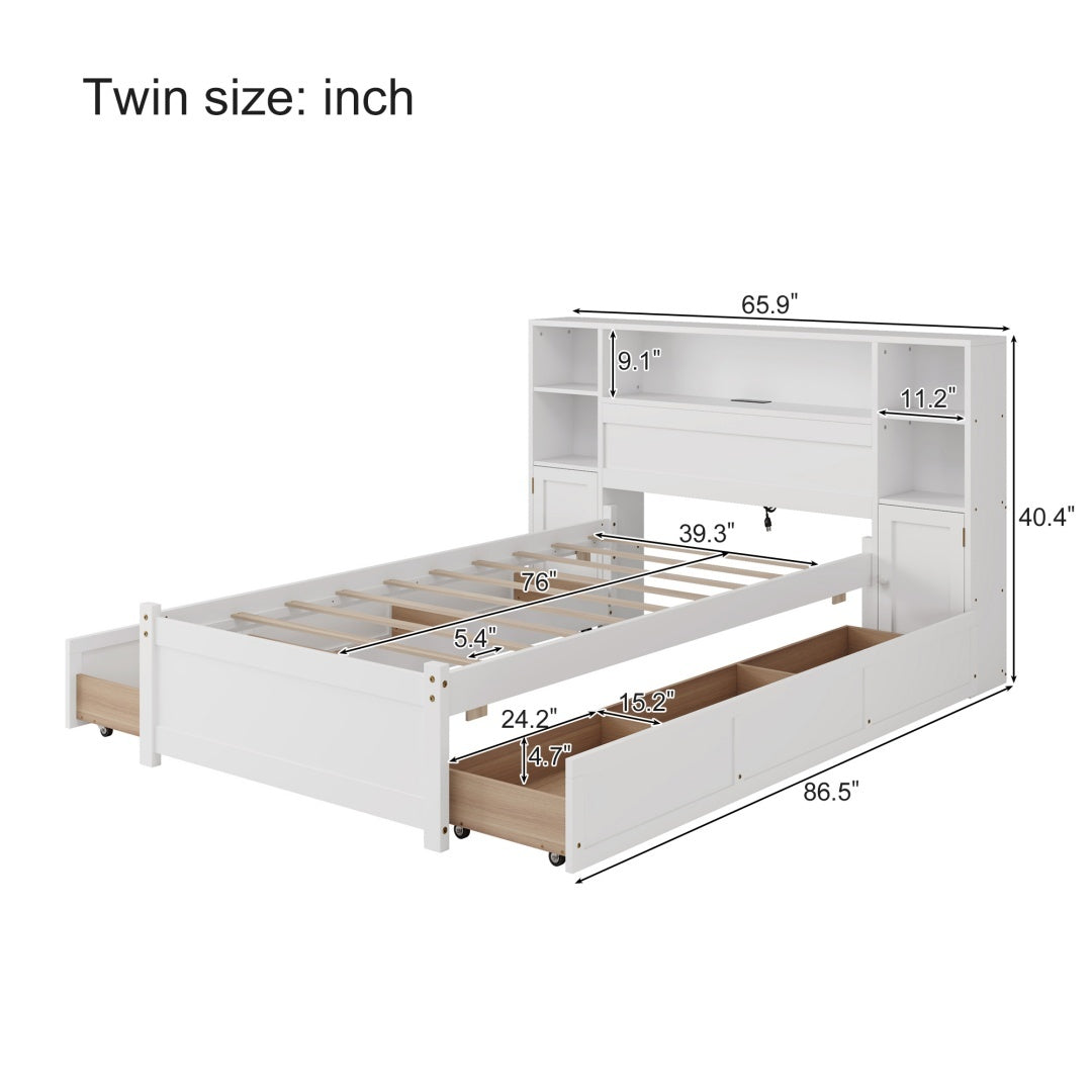 White Wooden Storage Bed With Tall Extended Bookcase Headboard, 6 Drawers And Charging Station For Teens Adults, No Box Spring Needed,Twin Furniture