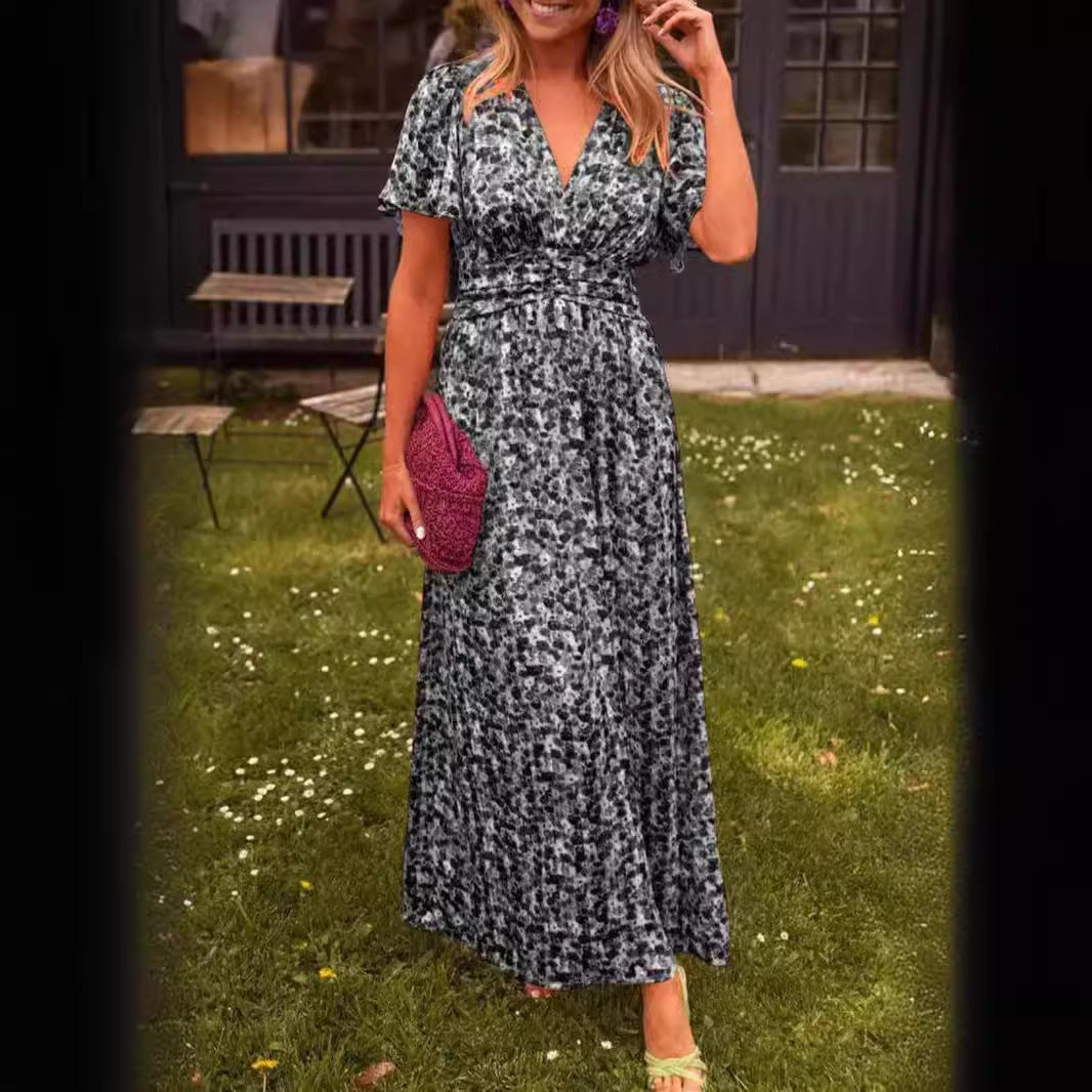 Printed Waist-controlled V-neck Dress Women's Garments Apparel / Clothing