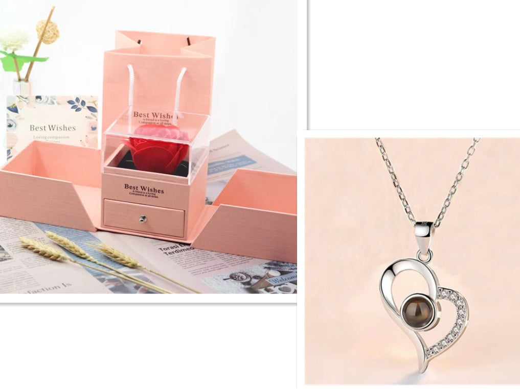 Hot Gift for Birthday, Mother's Day, Christmas & Valentine's Day – Elegant Metal Rose Jewelry Gift Box Necklace for Wedding, Girlfriend & Loved Ones