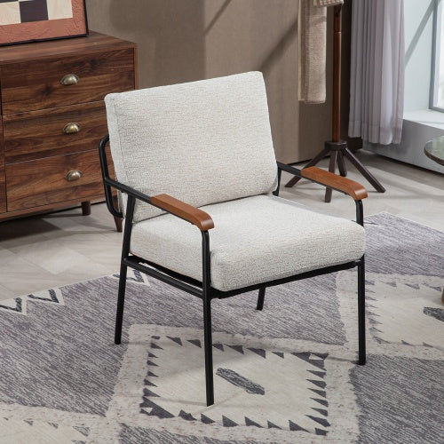 Modern Accent Chair With Natural Wood Armrests And Black Metal Frame, Light Beige Upholstered Seat And Backrest, Comfortable Lounge Chair For Bedroom, Living Room, Dining Room, Set Of 1 Furniture