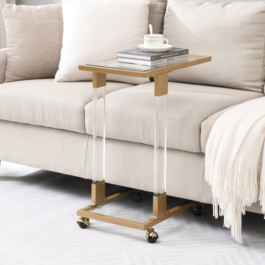 Golden Acrylic Sofa Table, Glass Top C Shape With Metal Base For Living Room Furniture
