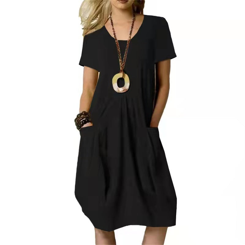 Cotton And Linen Solid Color Loose Round Neck Short Sleeve Dress Women's Garments Apparel / Clothing
