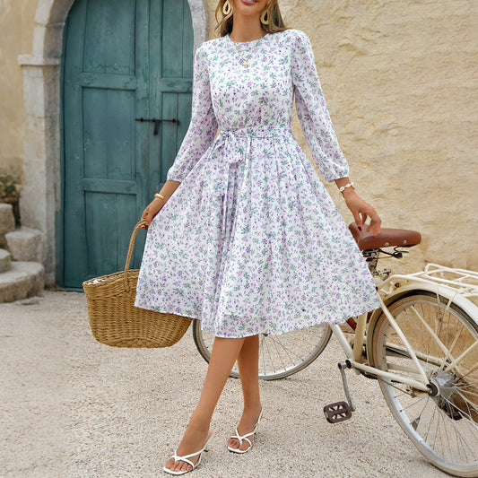 European And American Leisure Vacation Style Polka Dot Long Sleeve Maxi Dress Women's Garments Apparel / Clothing