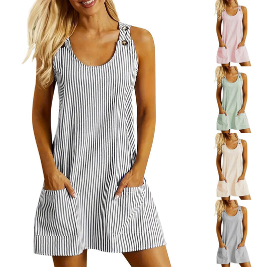 Summer Fashion Striped Patchwork Commuting U-Neck Sleeveless Pockets Back Button Casual Straight Slimming Mini Dress For Women's Garments Apparel / Clothing