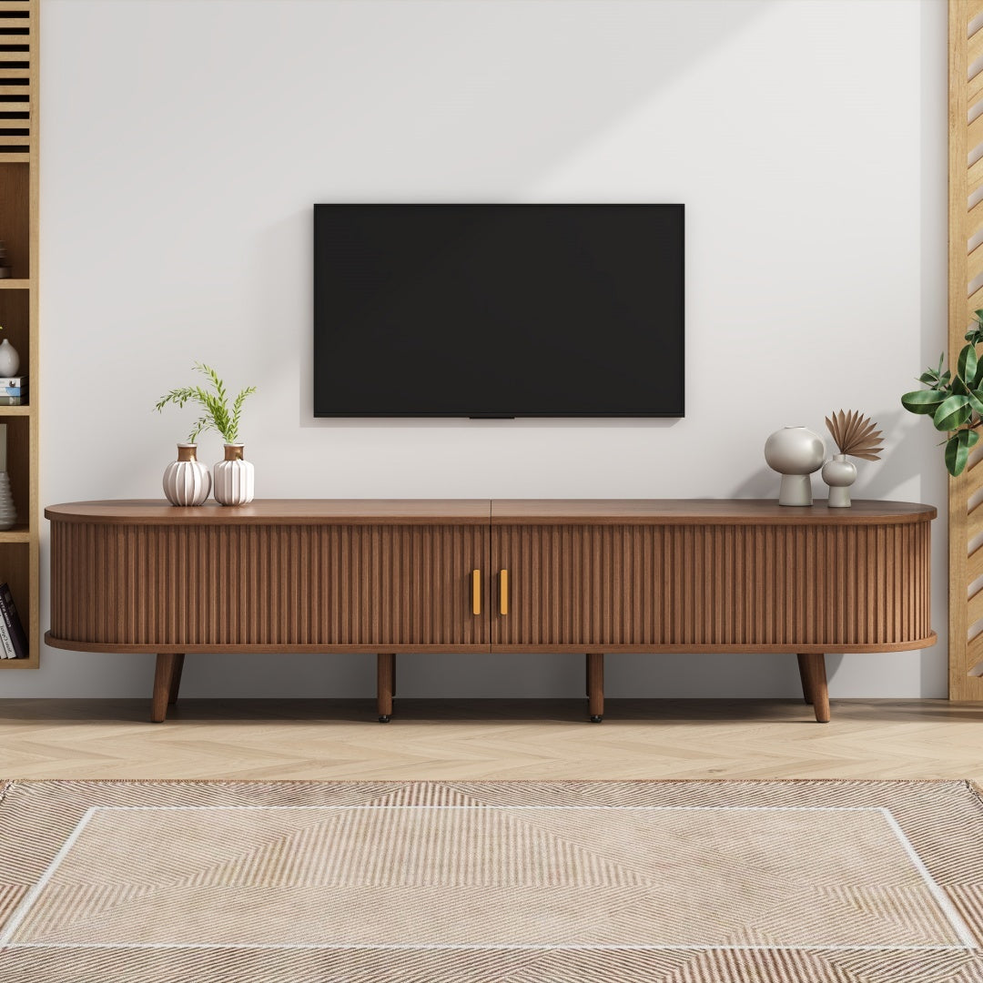 TV Stand With 2 Drawer 2 Sliding Doors 2  Tier Storage Shelf,Oval TV Cabinet Storage Sideboard With Rounded Corners For Livingroom Bedroom,175X40X42cm,Dark Oak,MDF,weight Capacity 30kg,for 70inch TV Furniture