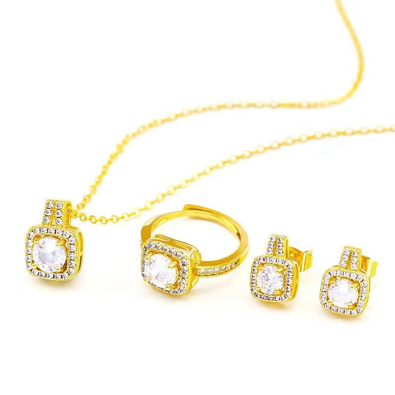 Fashion Jewelry Set Zircon Gem Pendant Chain Choker Necklace For Women Gold Color Stud Earring Statement Wedding Ring Jewelry / Accessories