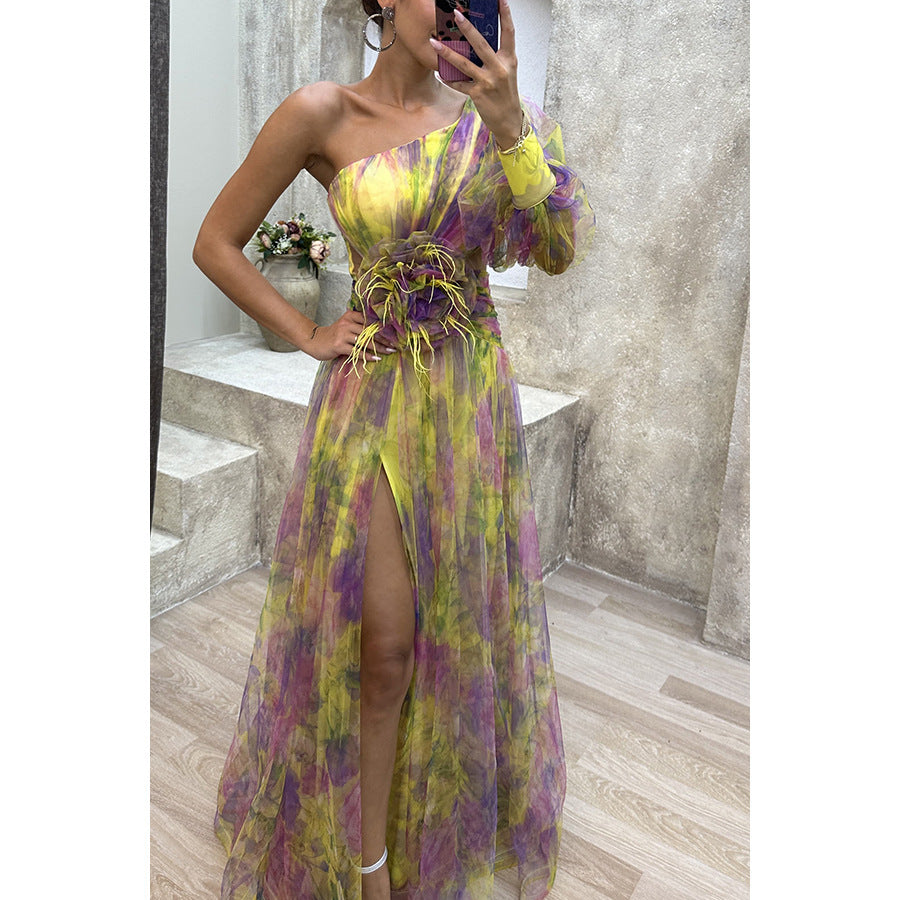 Mesh Tie-dye Printed Off-shoulder Slit Dress Summer INS Fashion Long Dress Party Women's Garments Apparel / Clothing