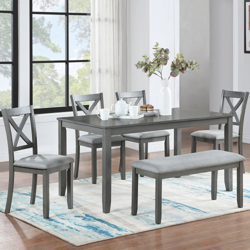 6 Piece Kitchen Dining Set, Rectangular Wooden Dining Table With 4 Upholstered Chairs And A Bench, Dining Table Set For 6 People, Living Room, Home Bar And Kitchen, Gray Dining Room Furniture