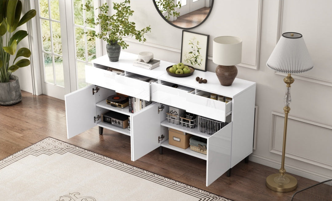 Storage Cabinet, Sideboard Buffet With 4 Drawers 4 Doors , Highboard Cabinet With Adjustable Shelves, Chest Of Drawers, Standing Cabinet, Cupboard Buffet For Living Room, Kitchen, 160X40X68cm, White Furniture