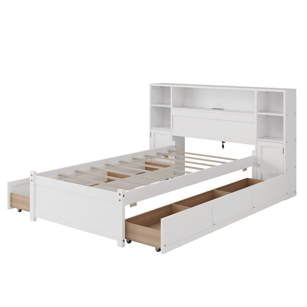 White Wooden Storage Bed With Tall Extended Bookcase Headboard, 6 Drawers And Charging Station For Teens Adults, No Box Spring Needed,Twin Furniture