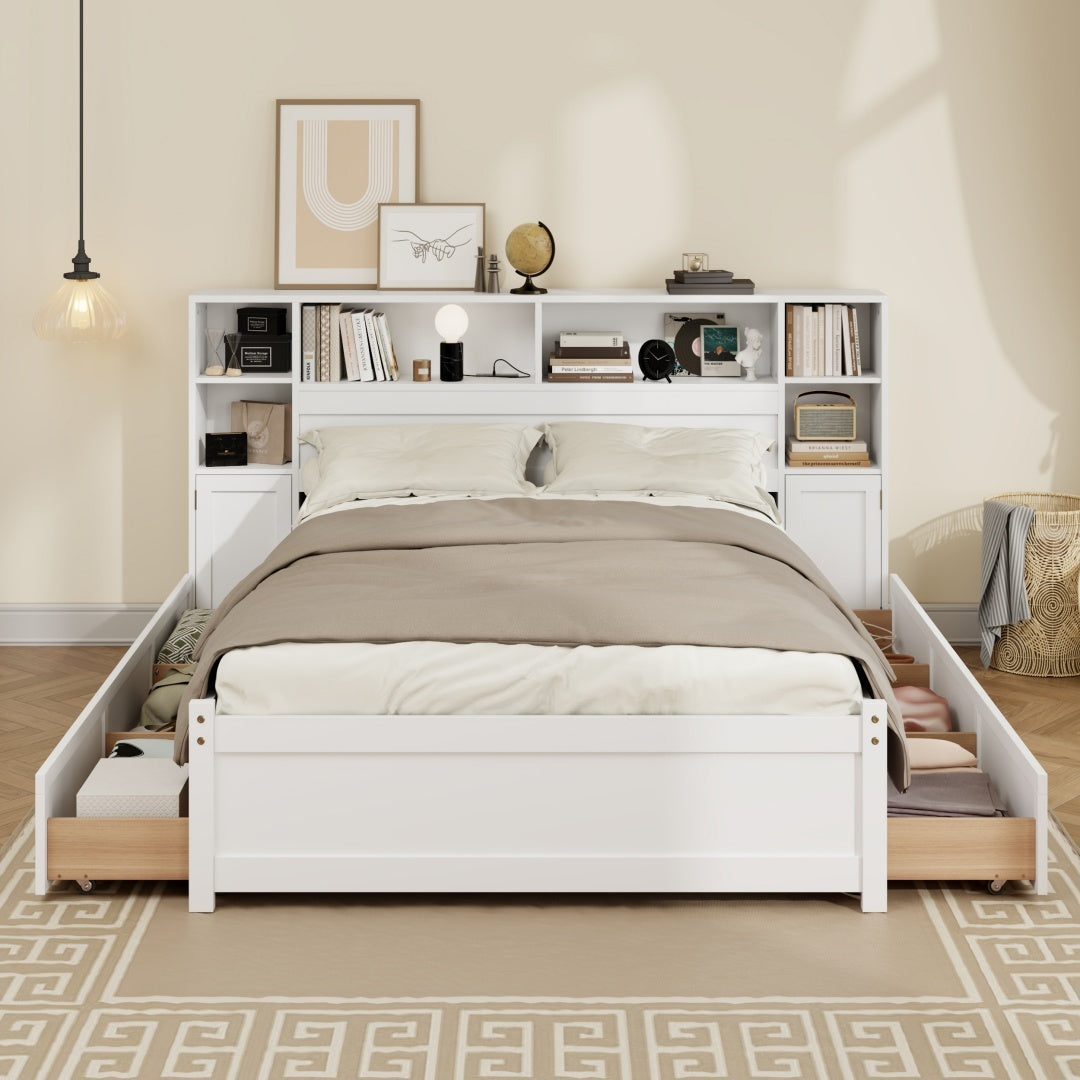 White Wooden Storage Bed With Tall Extended Bookcase Headboard, 6 Drawers And Charging Station For Teens Adults, No Box Spring Needed,Twin Furniture