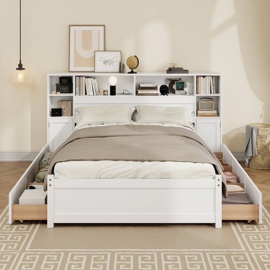 White Wooden Storage Bed With Tall Extended Bookcase Headboard, 6 Drawers And Charging Station For Teens Adults, No Box Spring Needed,Twin Furniture