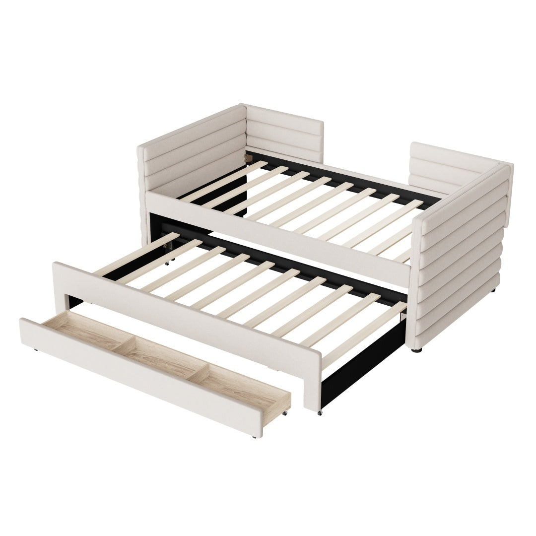 Twin Size Upholstered Daybed With Trundle And 3 Storage Drawers, Chenille Fabric Sofa Bed For Guest Room, Living Room, Space-Saving Modern Day Bed Frame, No Box Spring Needed Furniture