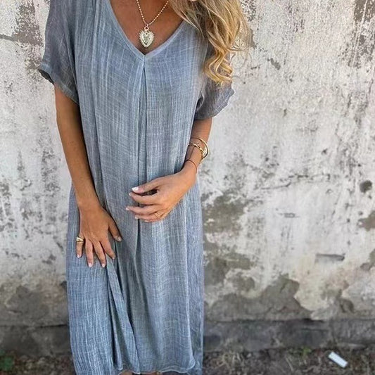 Women's Fashion Temperament Cotton Linen V-neck Semi-formal Dress Women's Garments Apparel / Clothing