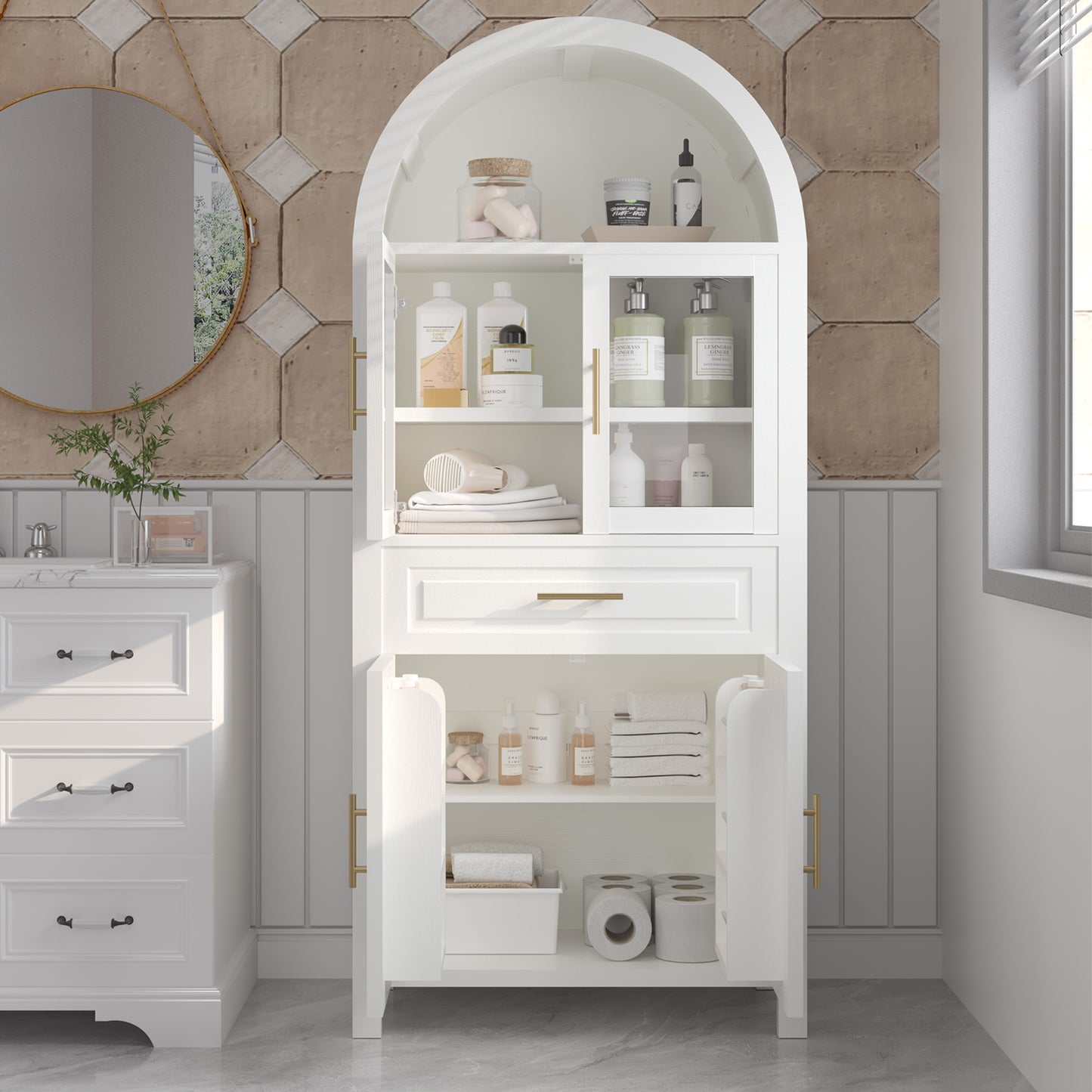 71  Tall Arched Kitchen Pantry Cabinet With Glass Door, Farmhouse Storage Pantry Cabinet With Adjustable Shelves & Barn Door Design For Kitchen, Living & Dining Room, White Furniture