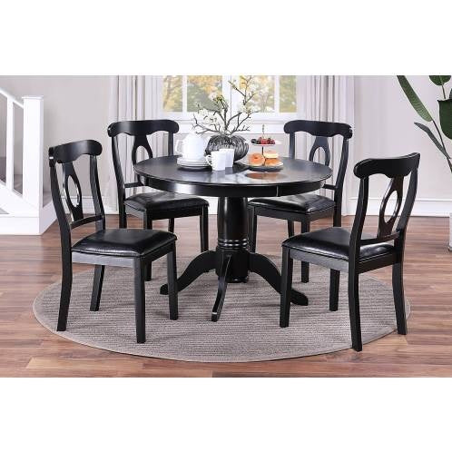 Classic Design Dining Room 5pc Set Round Table 4x Side Chairs Cushion Fabric Upholstery Seat Rubberwood Black Color Furniture